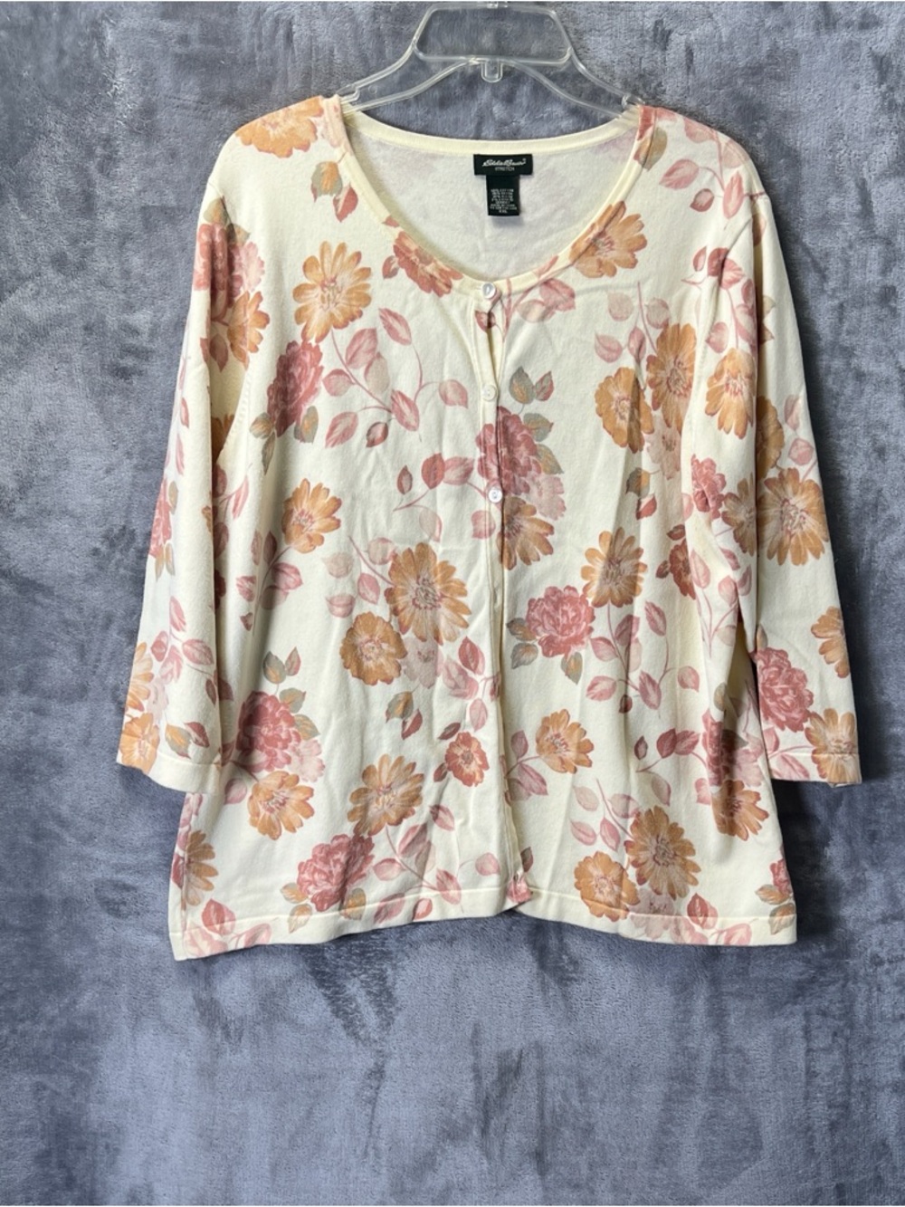 Eddie Bauer Cream Floral Button Front Top with Pink and Gold Flowers
